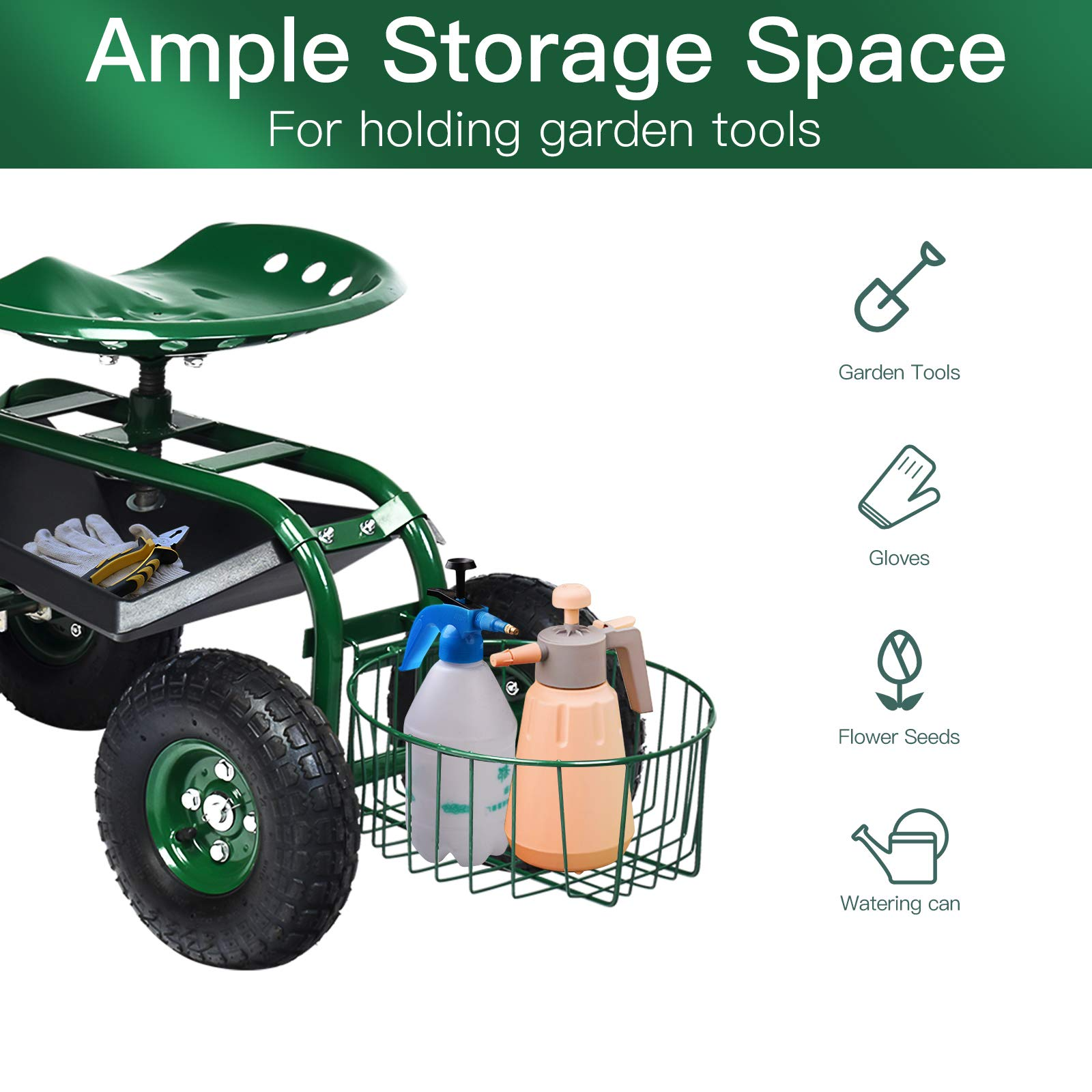 4-Wheel Garden Workseat with Storage Basket - Giantex