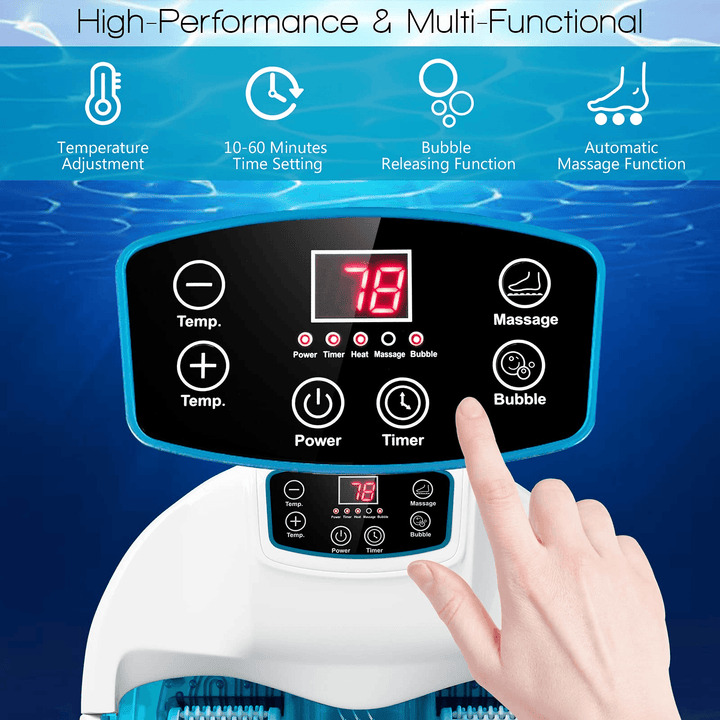 Giantex Foot Spa Bath Massager with Heat Bubbles, 6 Motorized Massage Rollers, Fast Heating, Red Light, Adjustable Temperature & Time (Blue/White) - Giantexus