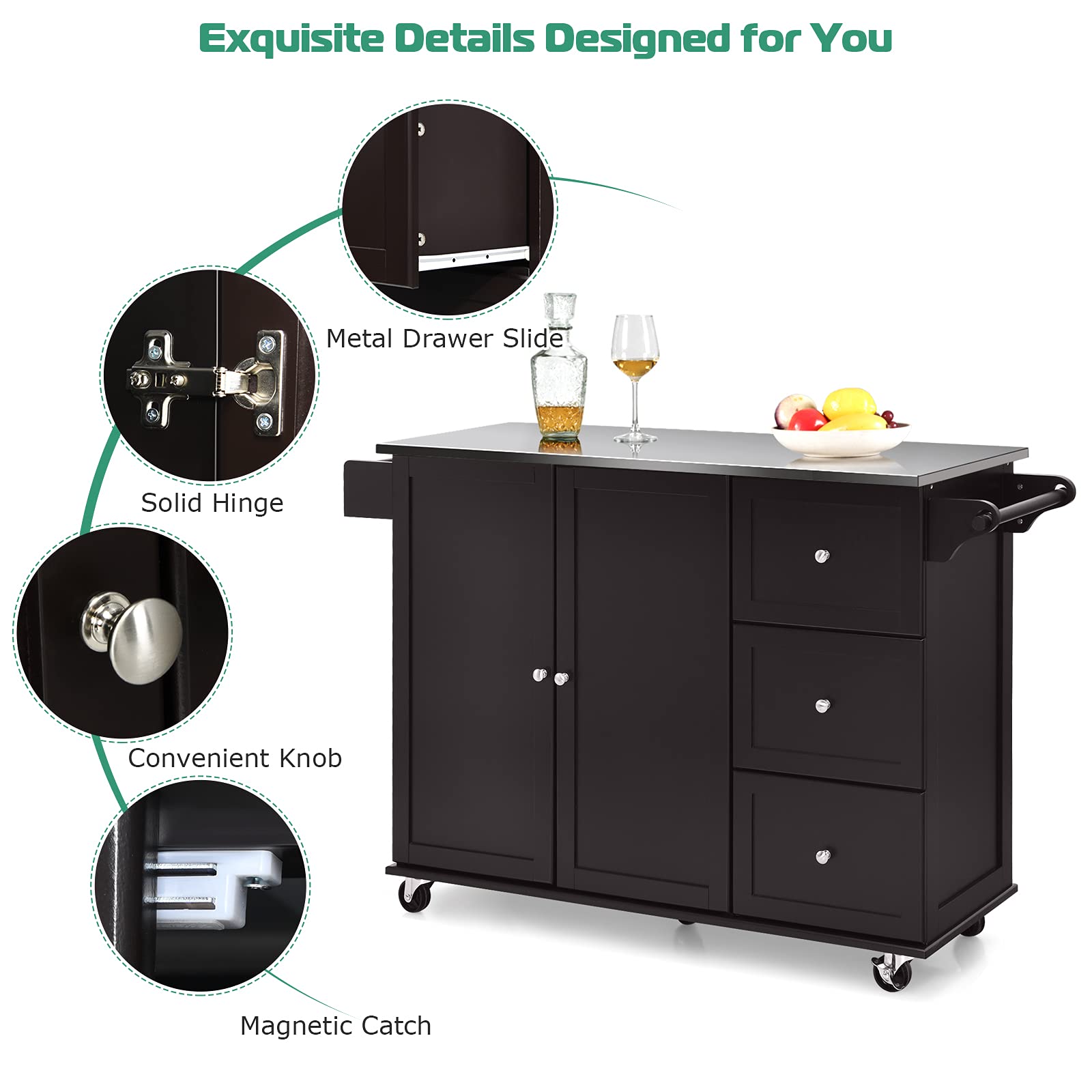 Giantex Kitchen Island with Stainless Steel Countertop, Dark Brown