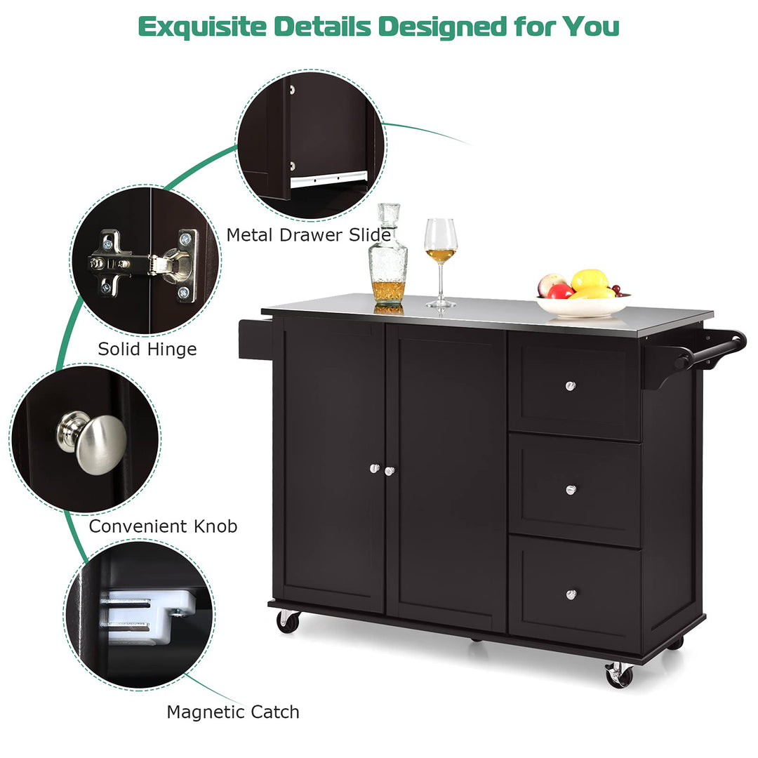 Giantex Kitchen Island with Stainless Steel Countertop, Dark Brown
