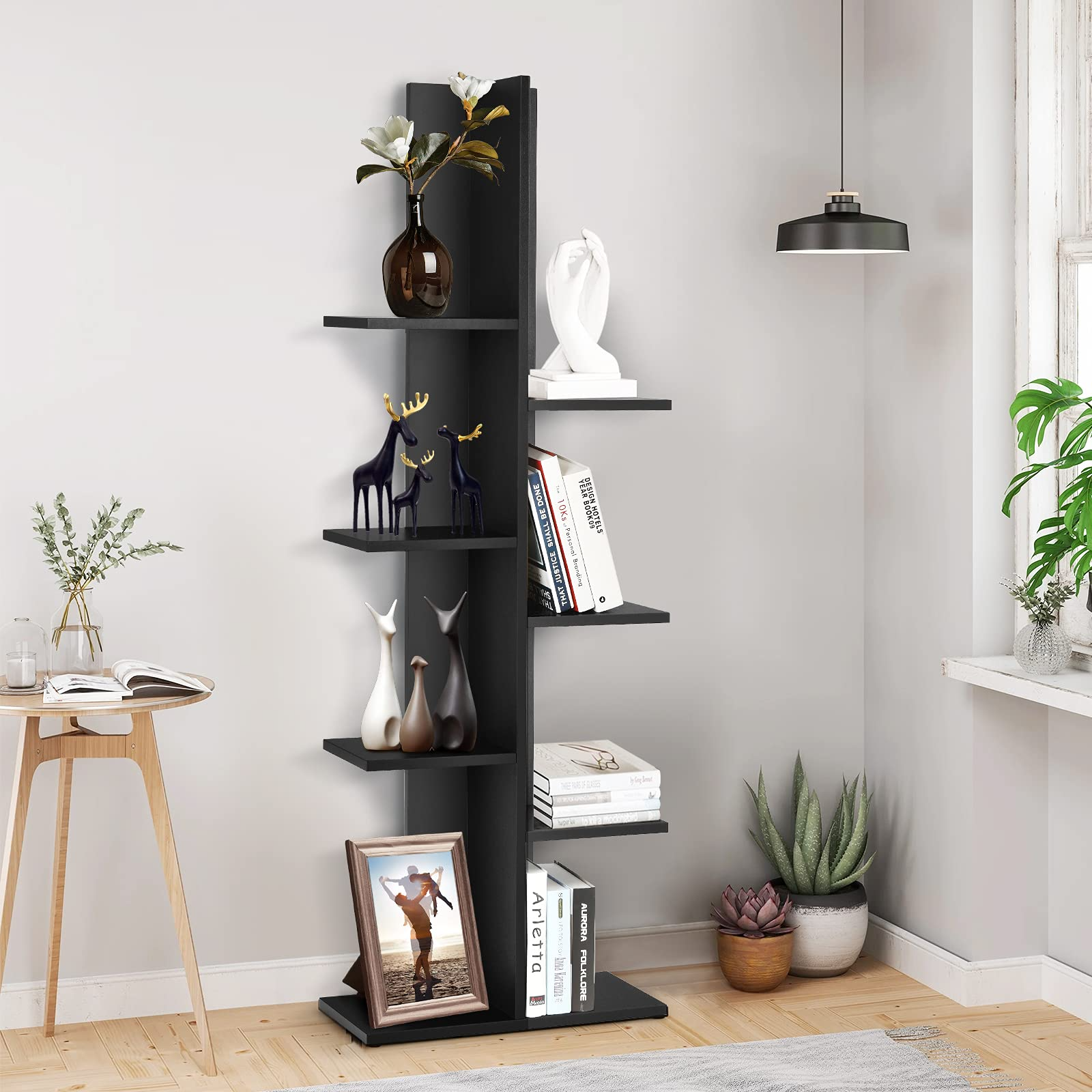 Giantex Wood Bookshelf, 7-Tier Tall Freestanding Tree Bookshelf with Anti-toppling