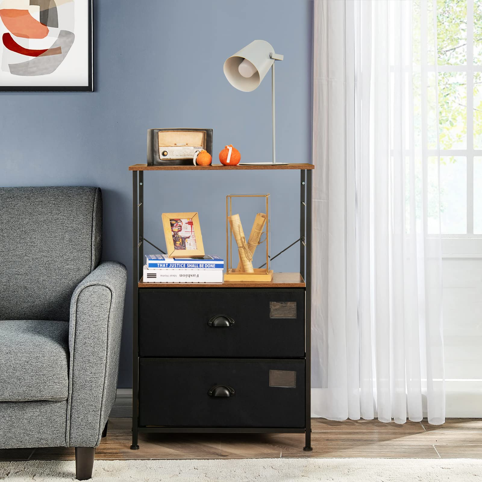 Giantex 2 Drawer Dresser Bedside Table with Storage Shelf, Wooden Top, Metal Frame