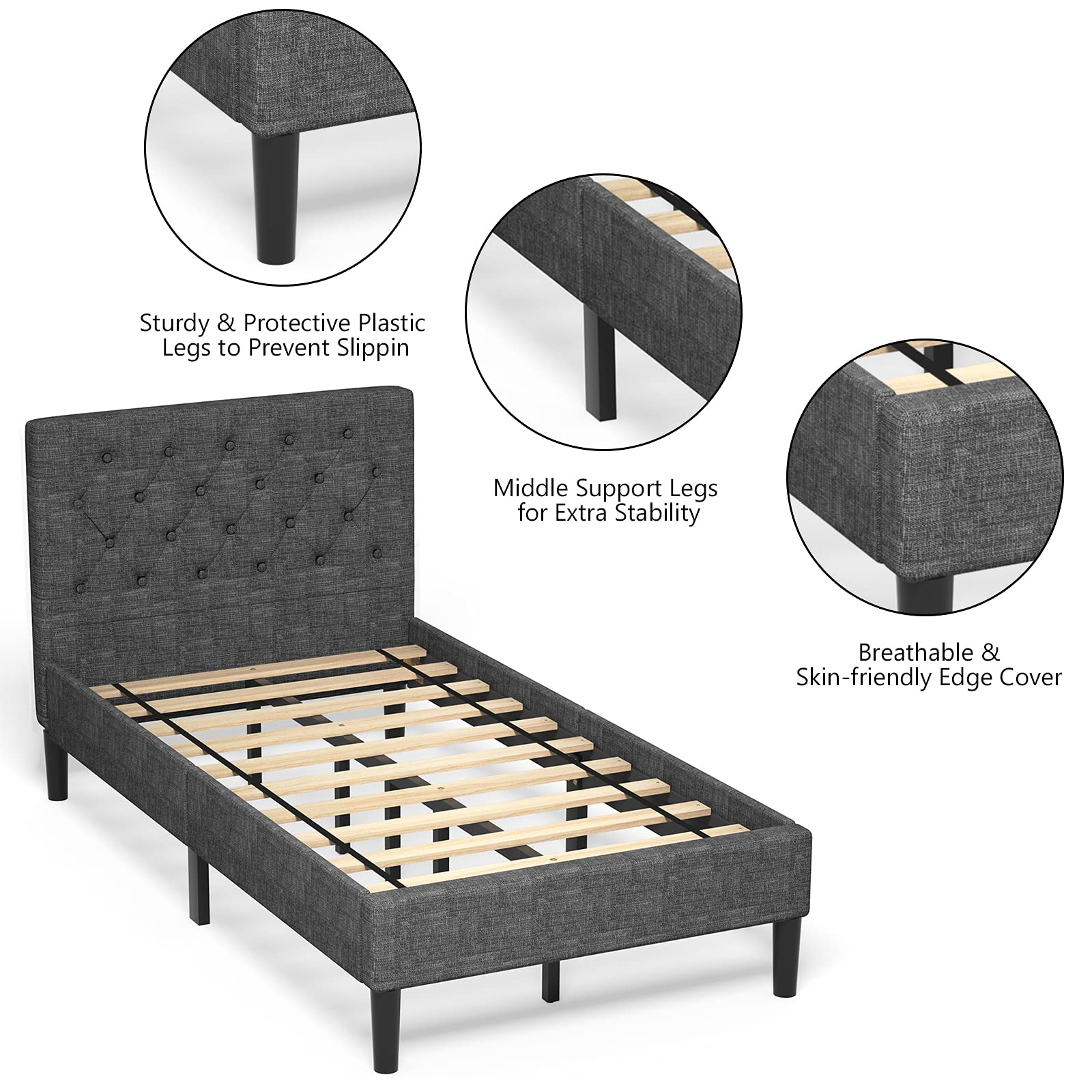Elegant & Modern Style Upholstered Stable Bed Base with Button Stitched Headboard