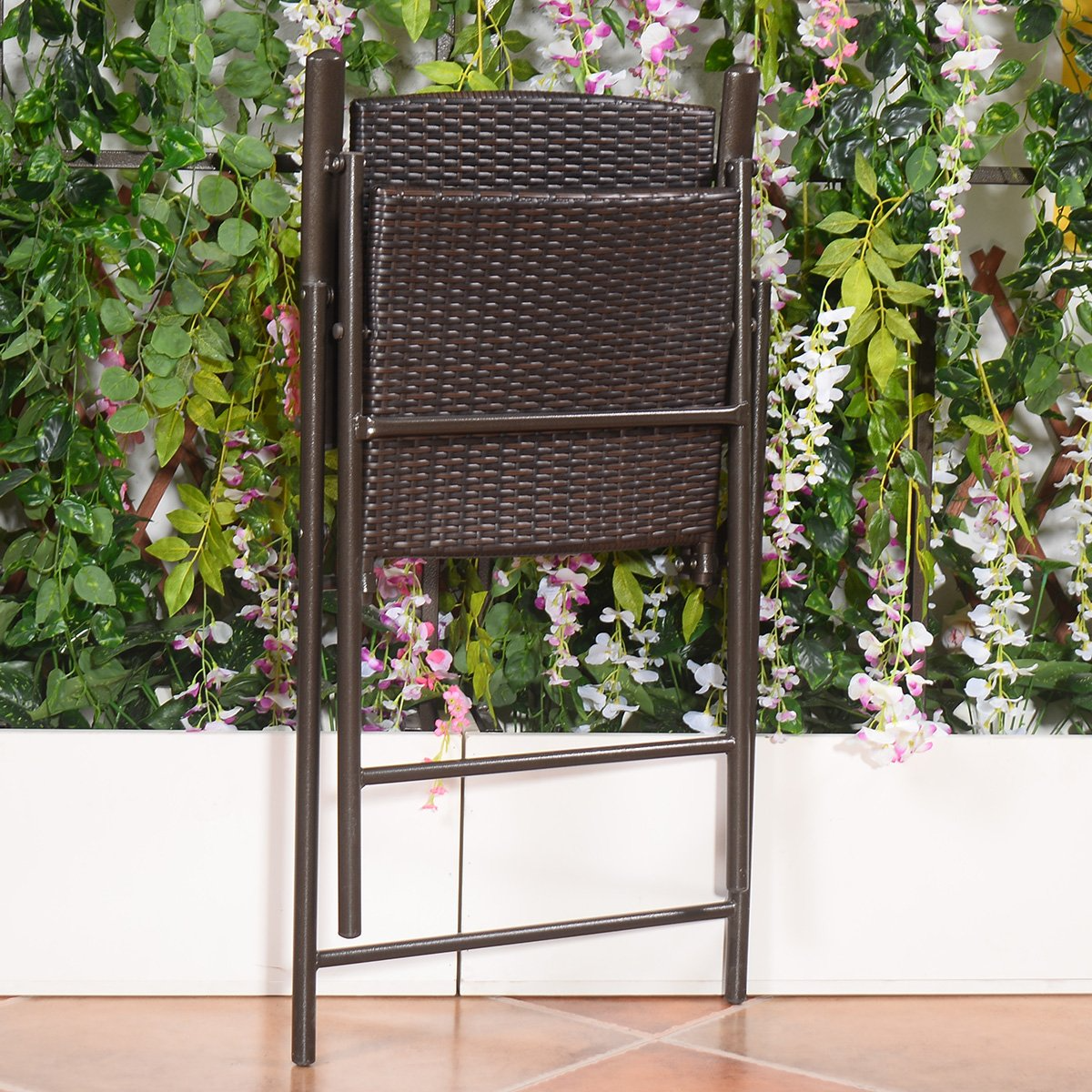 Giantex Folding Wicker Rattan Bar Chairs Tall Stool with Back Steel Frame
