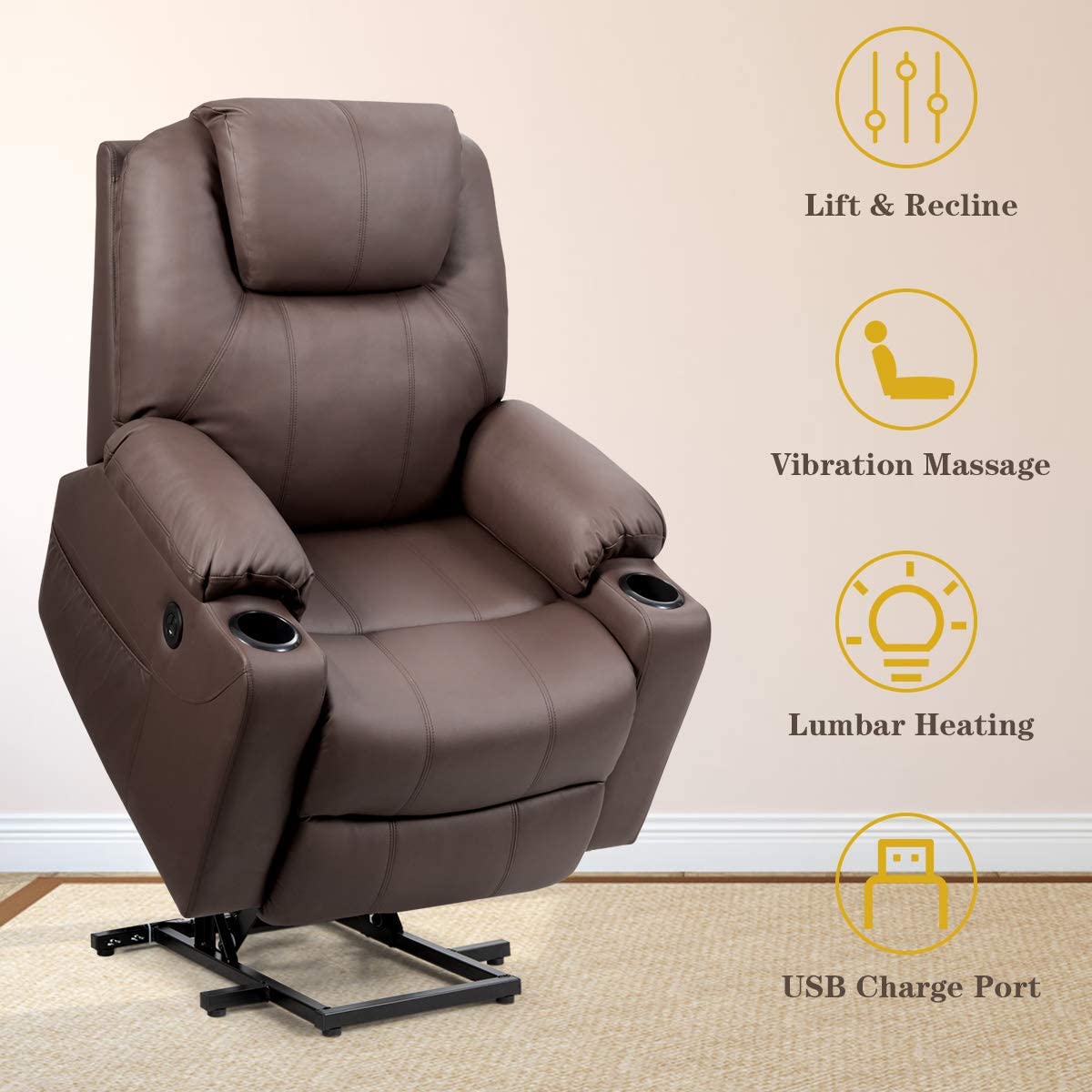 Power Lift Recliner Chair for Elderly Faux Leather Electric Recliner w/Massage and Heating