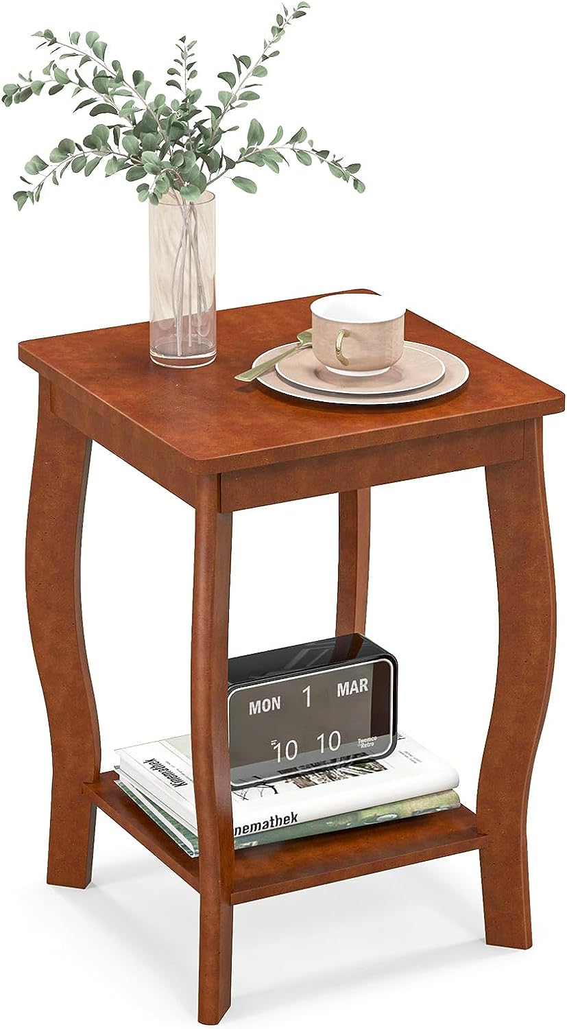 Giantex 2-Tier Round End Table, Narrow Tiered Telephone Table with Storage Shelf, Solid Wood Legs