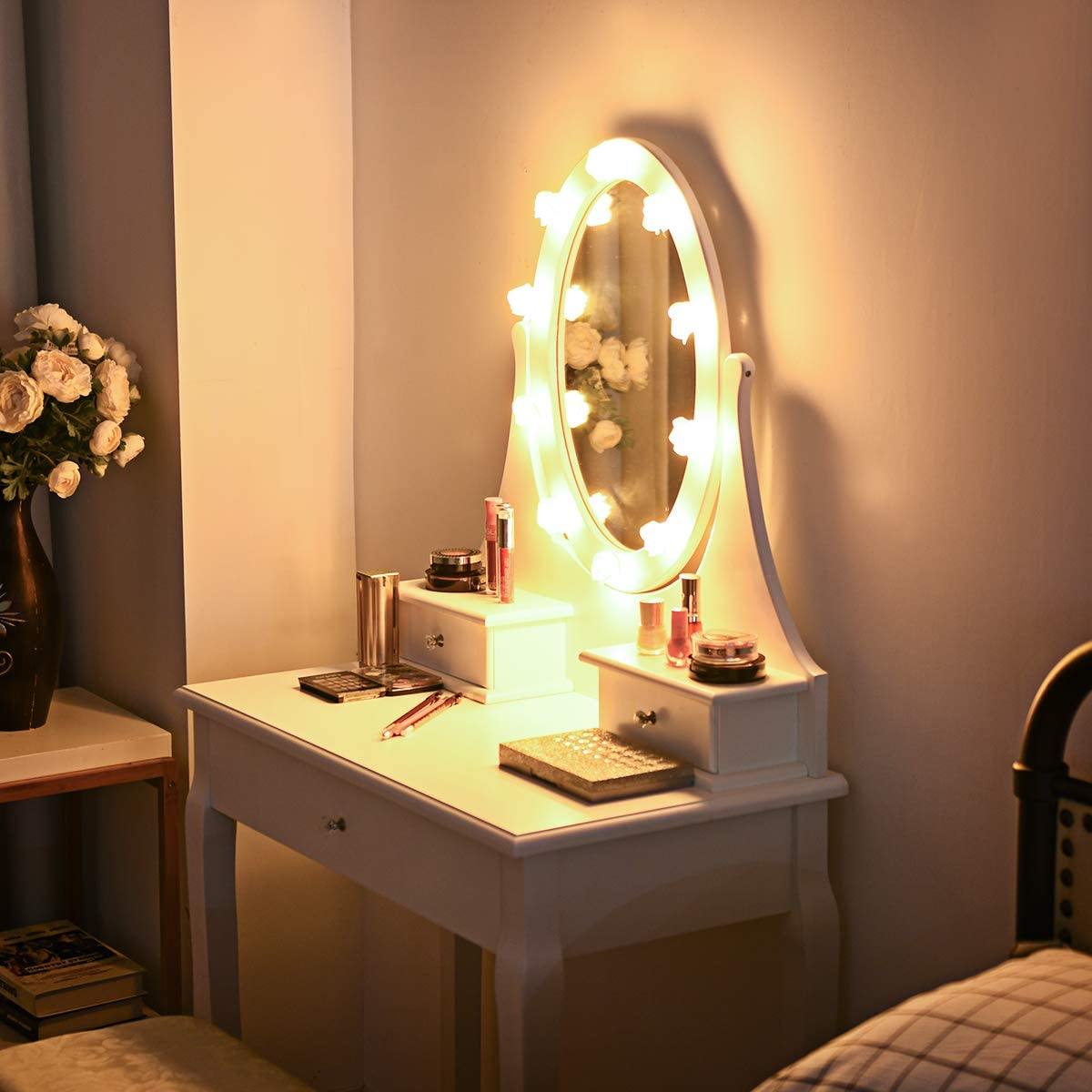 Vanity Set with Lighted Mirror, Makeup Table with 10 Rose Light - Giantexus