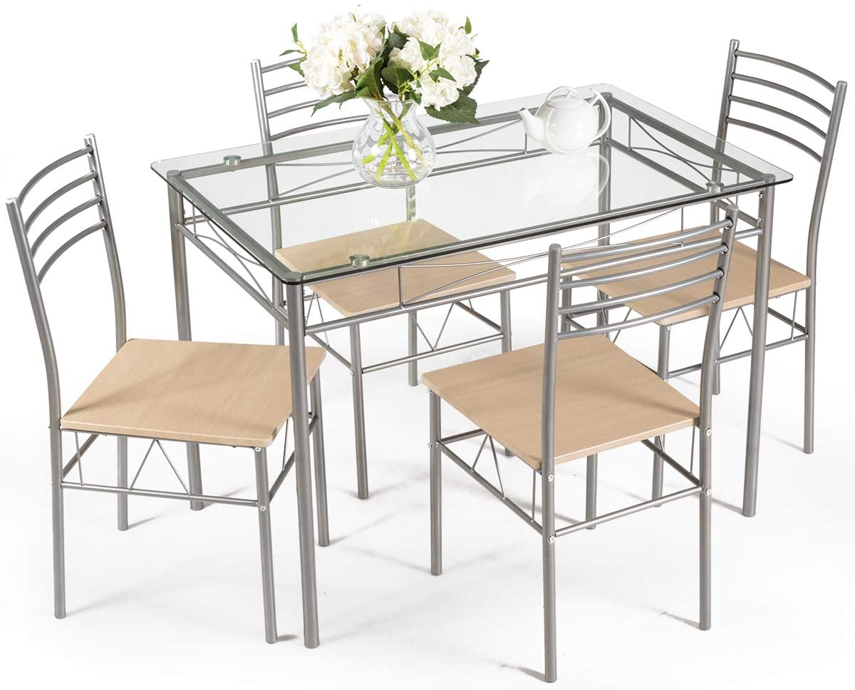 Giantex 5 Piece Dining Table Set, Kitchen Dining Set with Tempered Glass Table Top and 4 Chairs