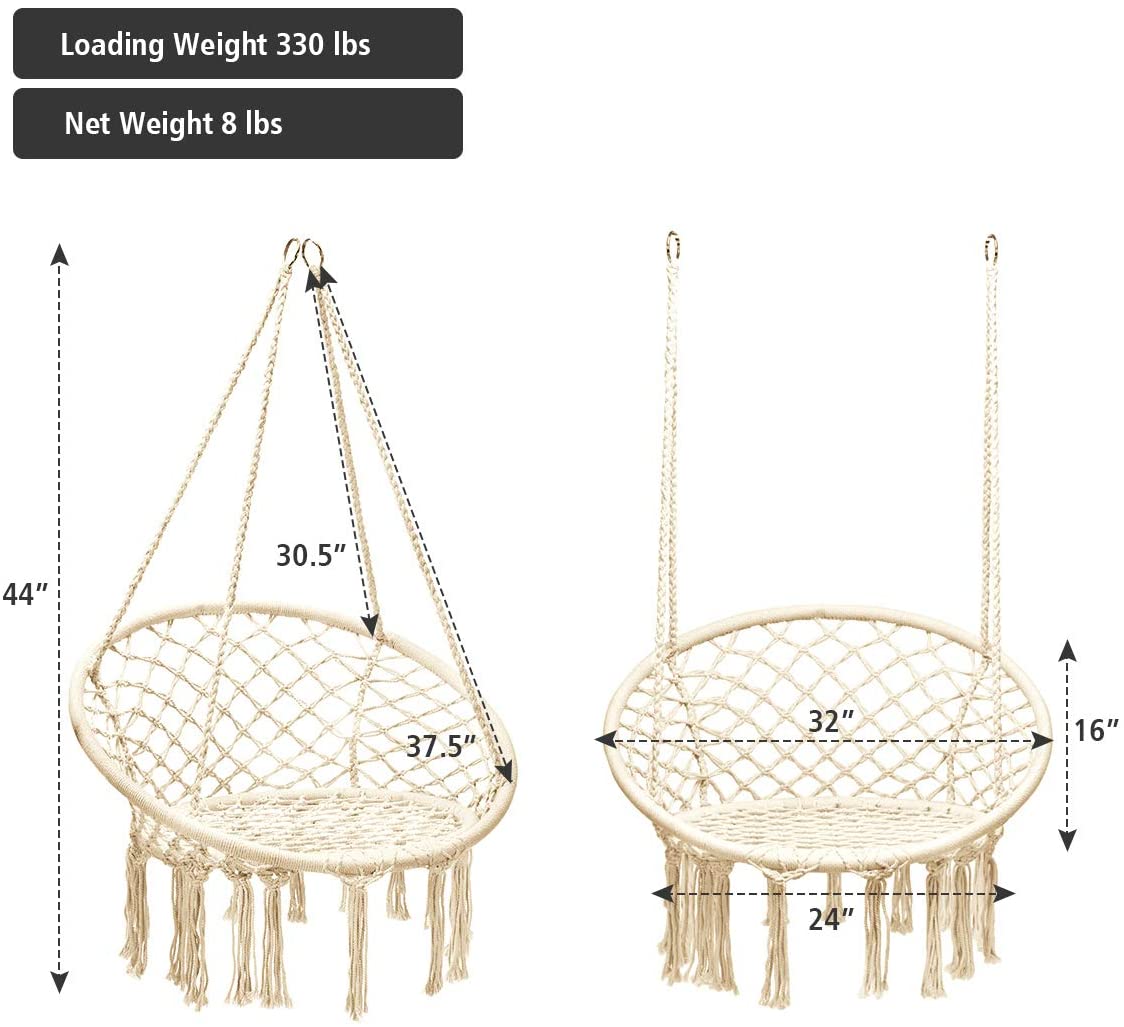 Hanging Hammock Chair, Macrame Hanging Chair 330 Pounds Capacity