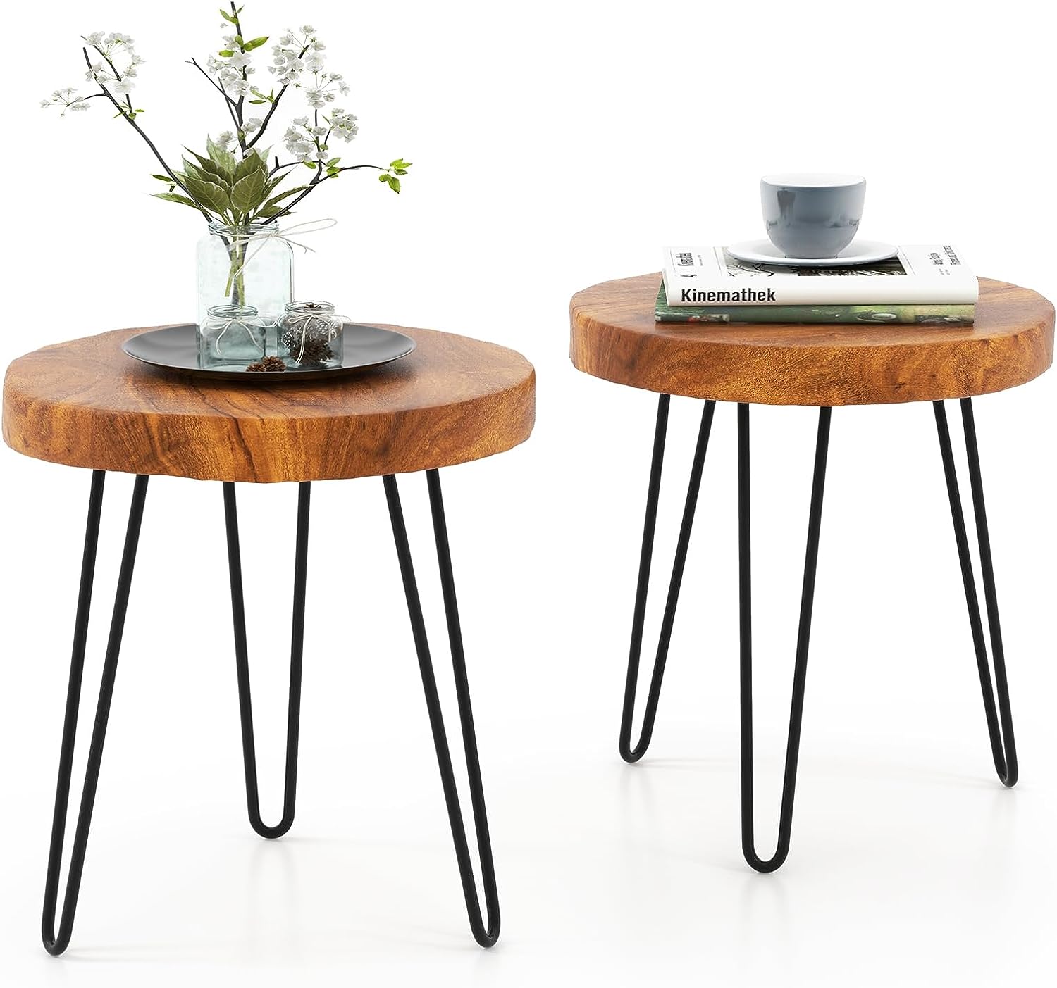 Giantex Teak Wood End Table, Solid Live Edge Outdoor Side Table w/Natural Grain & Heavy-Duty Metal Legs