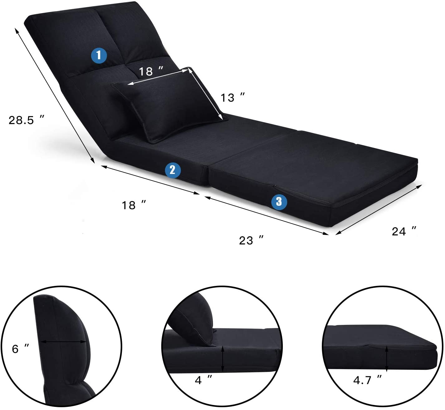 Triple Fold Down Sofa Bed, Adjustable Floor Couch Sofa with One Pillow, 6 Reclining Position