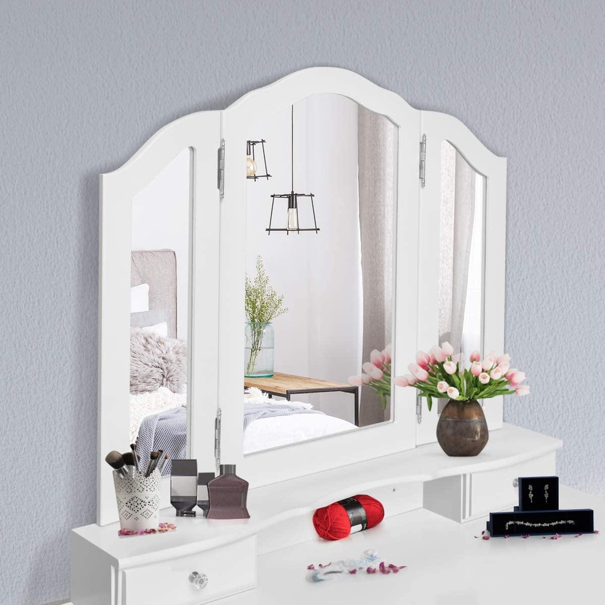 Vanity Set with Tri-Folding Mirror and 4 Drawers Makeup Dressing Table - Giantexus