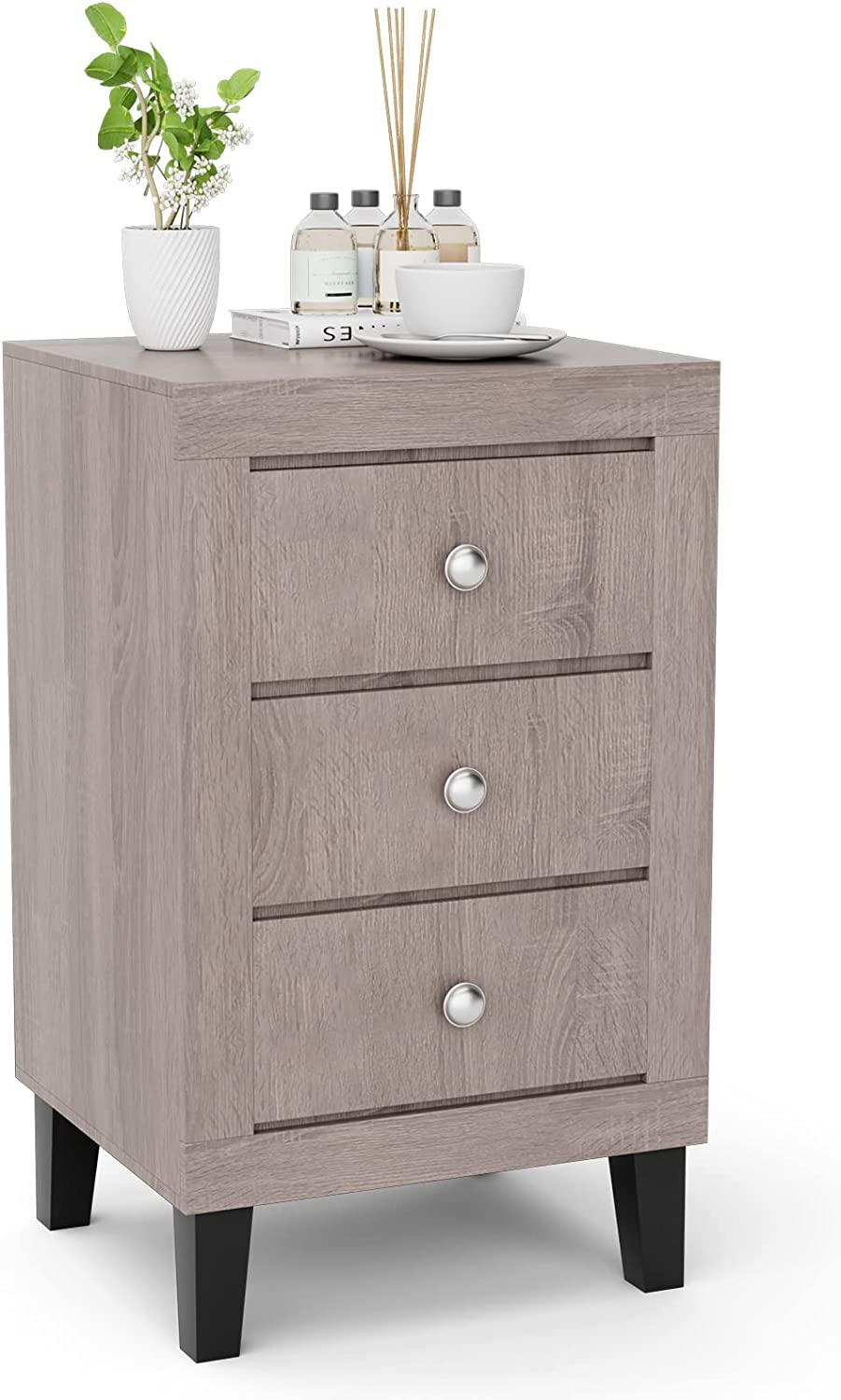 Giantex Nightstand with 3 Drawers, 26.5" Wood End Side Table w/Handles & Rubber Solid Wood Legs