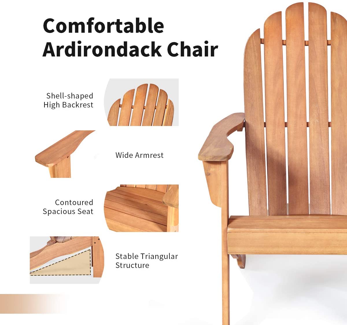 Giantex Adirondack Chair Outdoor Wooden W/Ergonomic Design Acacia Chair for Yard