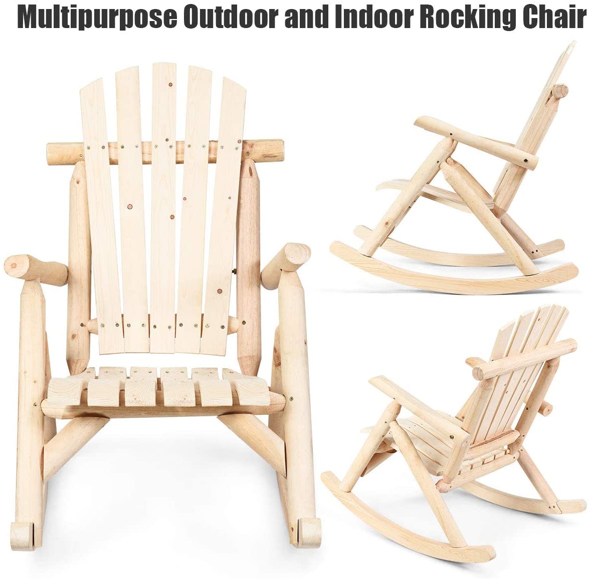 Log Rocking Chair Wood Porch & Patio Rocker for Deck Balcony