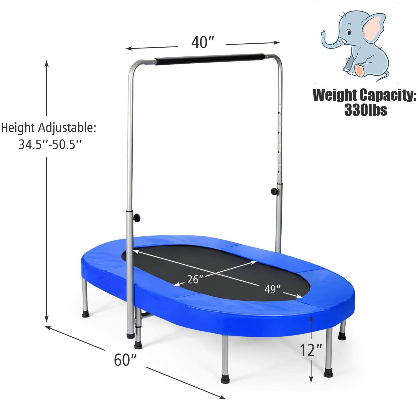 Mini Trampoline, 2 Persons Foldable Fitness Trampoline w/ 5 Levels Height Adjustable Handle, Max Load 330LBS - Giantexus