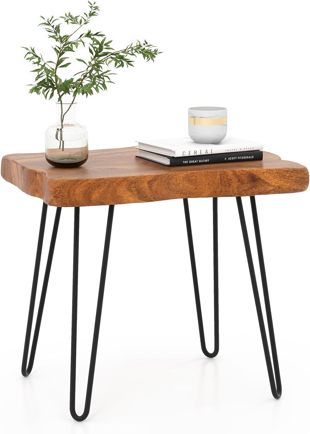Giantex Teak Wood End Table, Solid Live Edge Outdoor Side Table w/Natural Grain & Heavy-Duty Metal Legs
