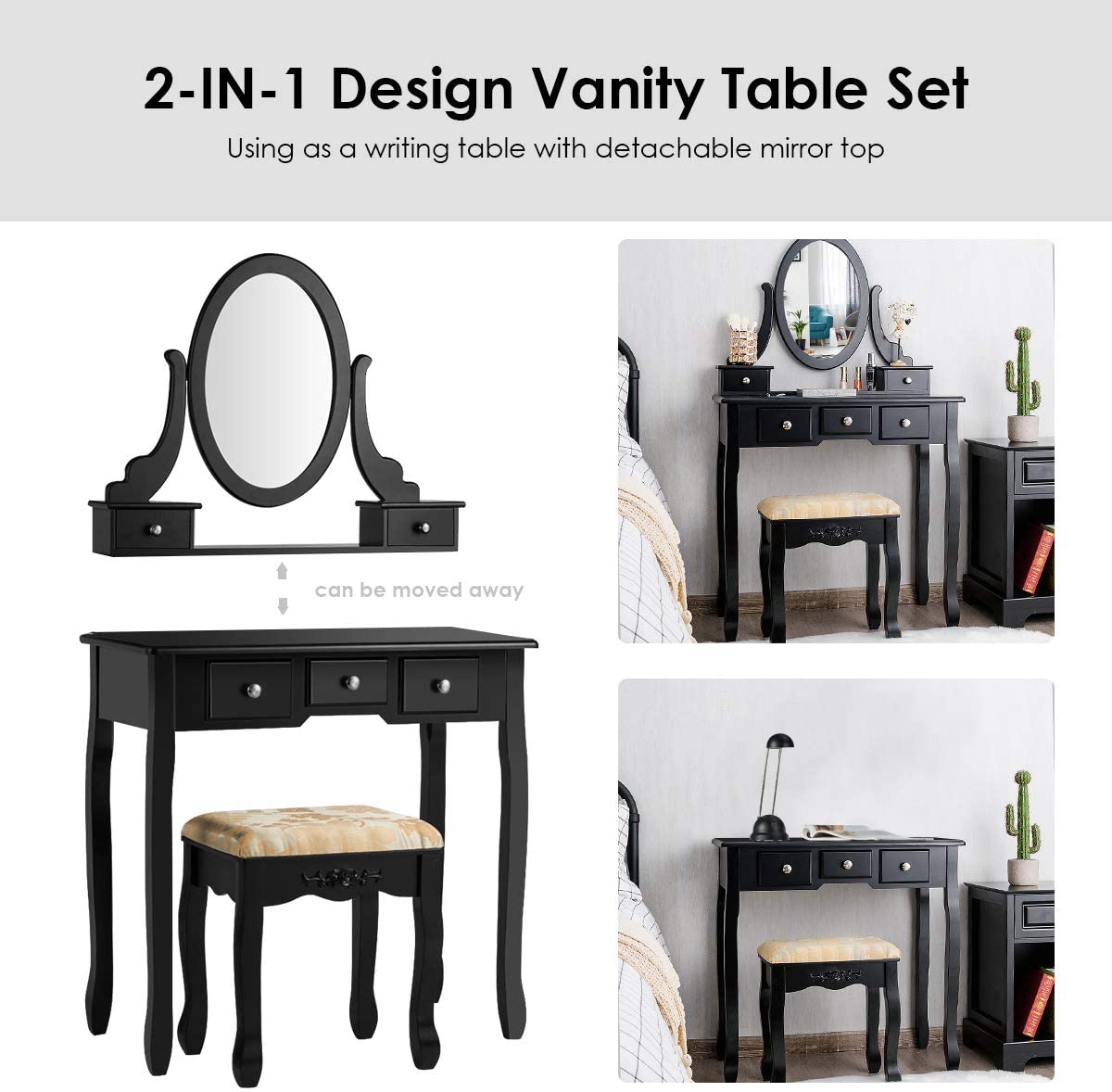 CHARMAID Vanity Table Set with Rotatable Oval Mirror (Black) - Giantexus