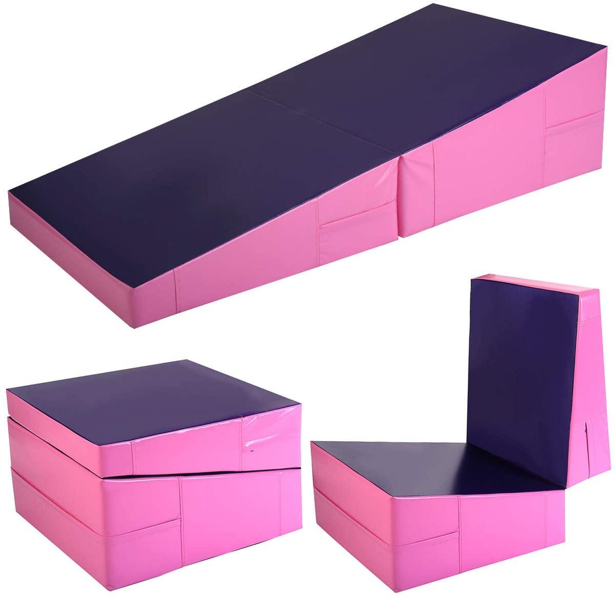 Incline Gymnastics Mat, Folding and Non-Folding Gymnastics Cheese Wedge Mat Pink/Purple - Giantexus