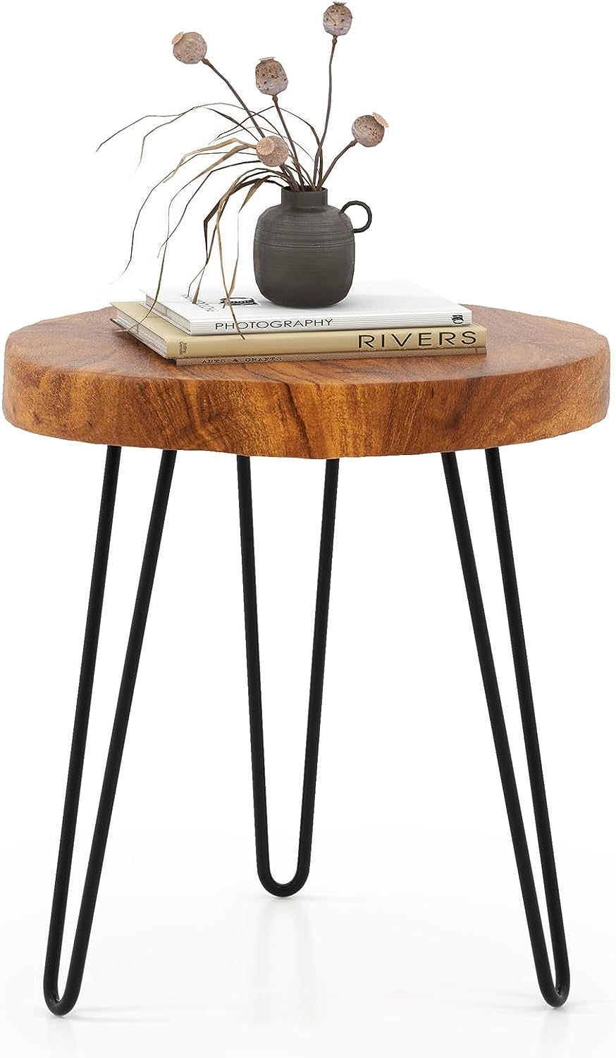 Giantex Teak Wood End Table, Solid Live Edge Outdoor Side Table w/Natural Grain & Heavy-Duty Metal Legs
