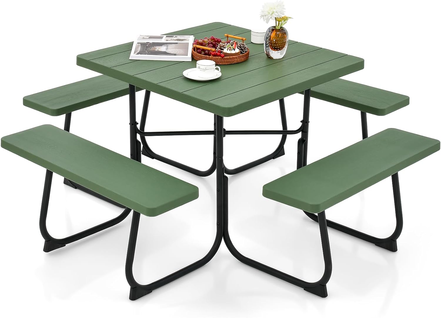 Giantex Picnic Table Set for 4-8 Persons, Outdoor Table and Bench Set with Umbrella Hole, HDPE Top & Metal Frame