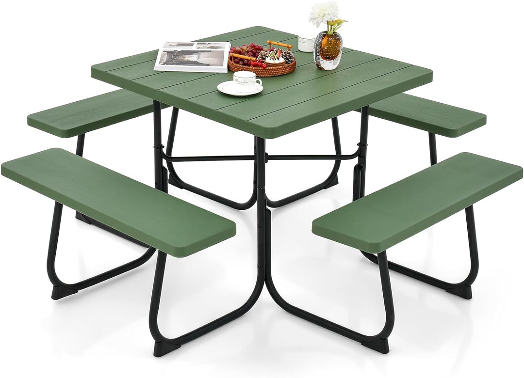 Giantex Picnic Table Set for 4-8 Persons, Outdoor Table and Bench Set with Umbrella Hole, HDPE Top & Metal Frame
