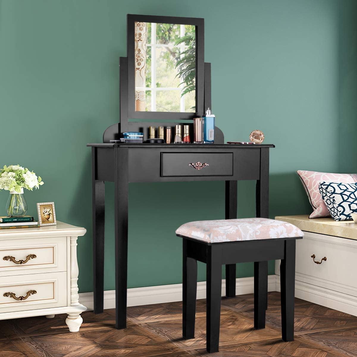 Vanity Dressing Table Stool Set Vanity Tables with Drawers, Black??1 Drawer????o? - Giantexus