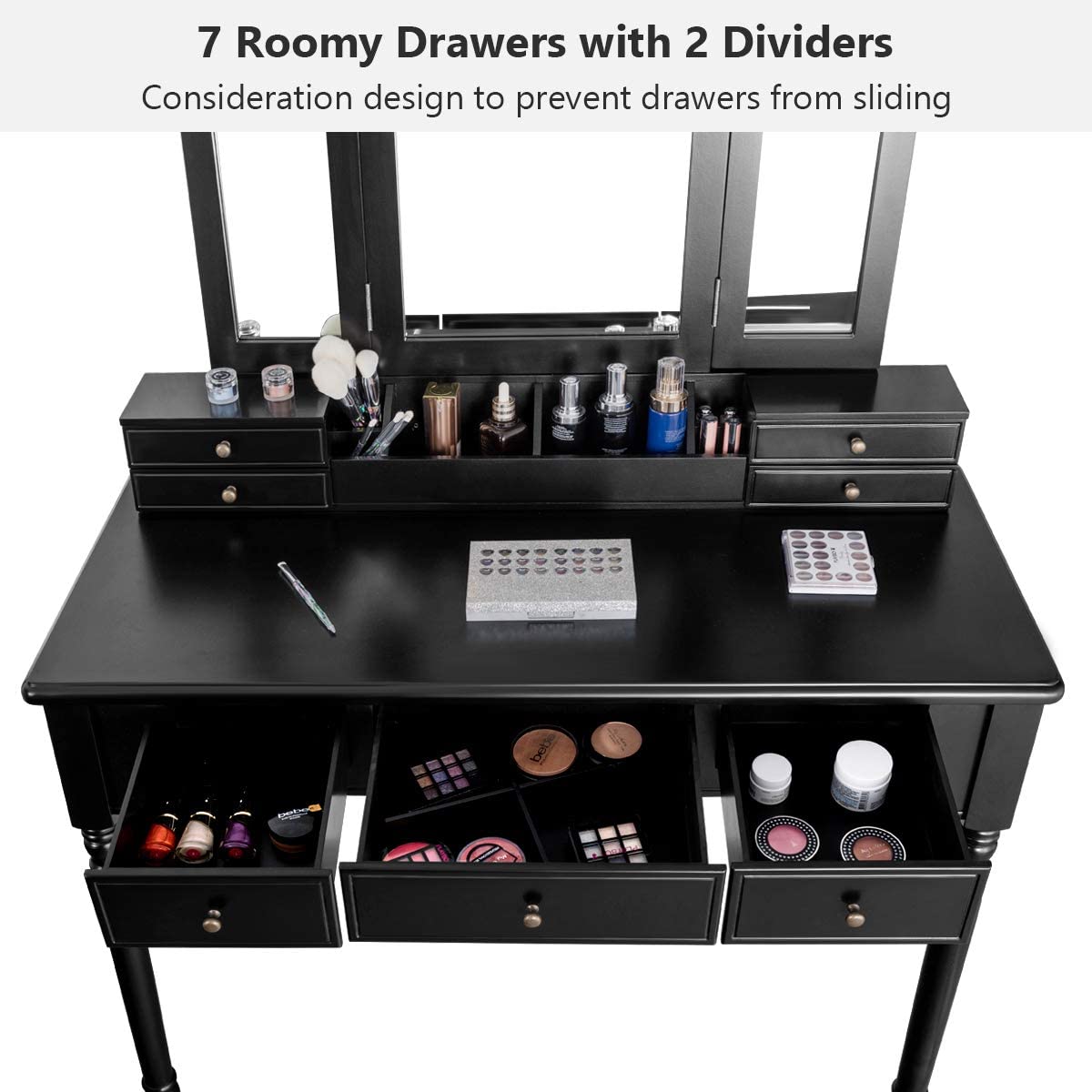 Vanity Set with Tri-Folding Mirror & 8 Necklace Hooks, 7 Drawers, 2 Dividers, 6 Desktop Makeup Organizers - Giantexus