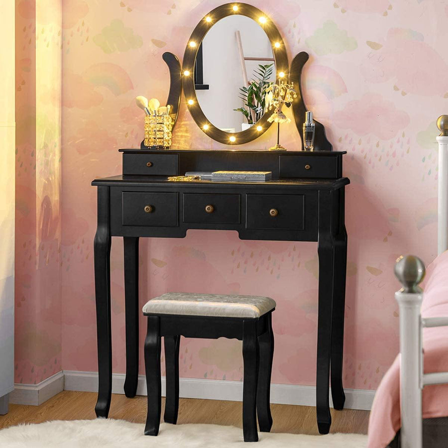LED Vanity Set Dressing Table with Mirror White Makeup Vanities with Padded Stool - Giantexus