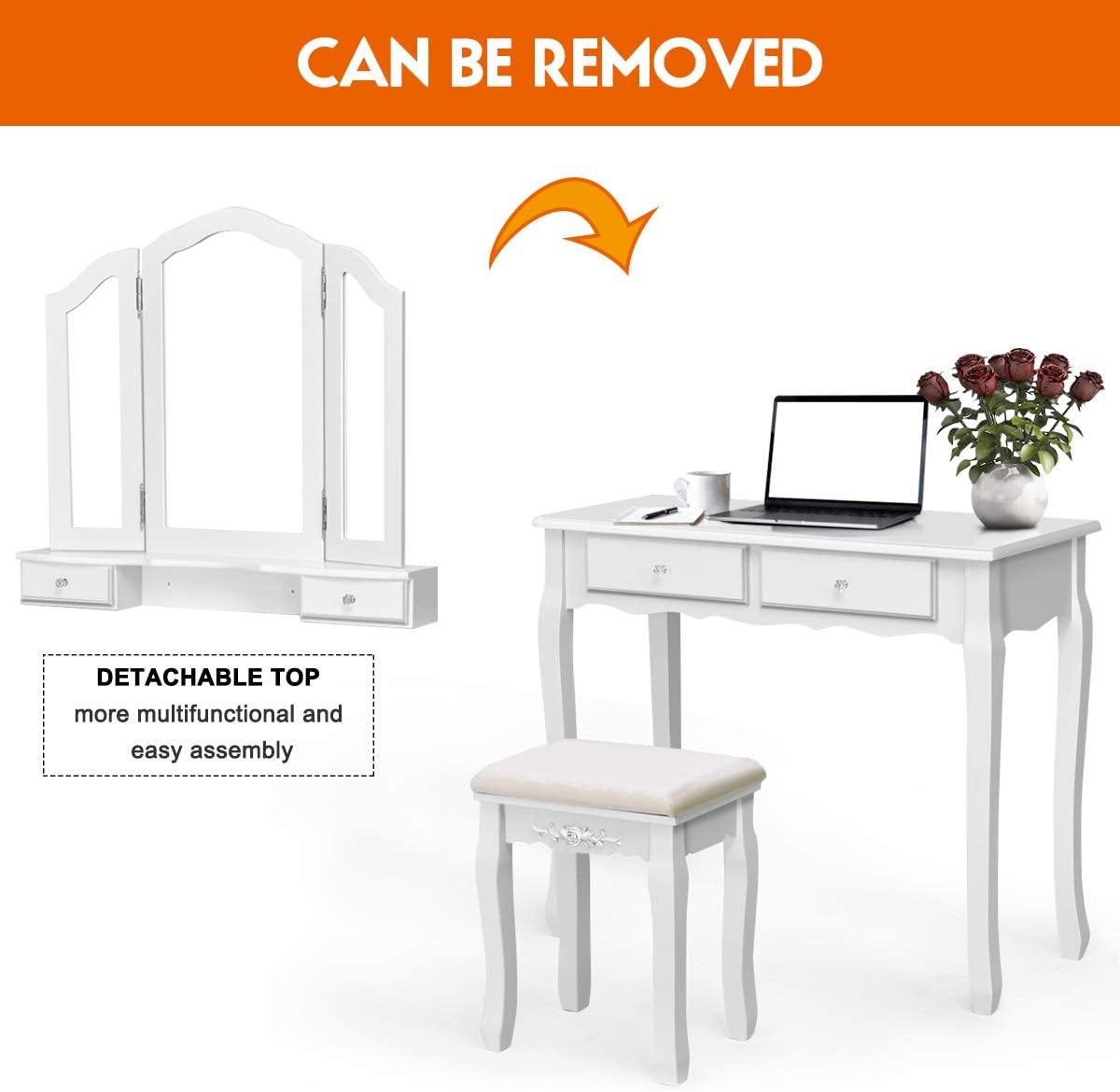 Vanity Set with Tri-Folding Mirror and 4 Drawers Makeup Dressing Table - Giantexus