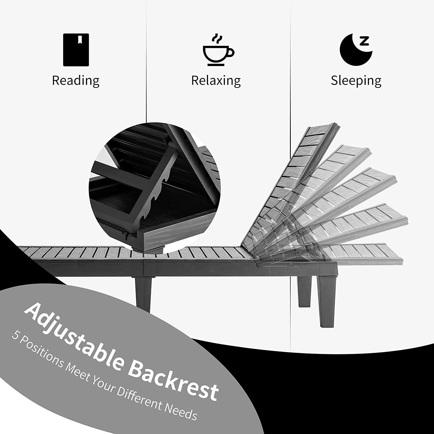 Outdoor Chaise with 5-Position Adjustable Backrest, Rust-Resistant Chaise