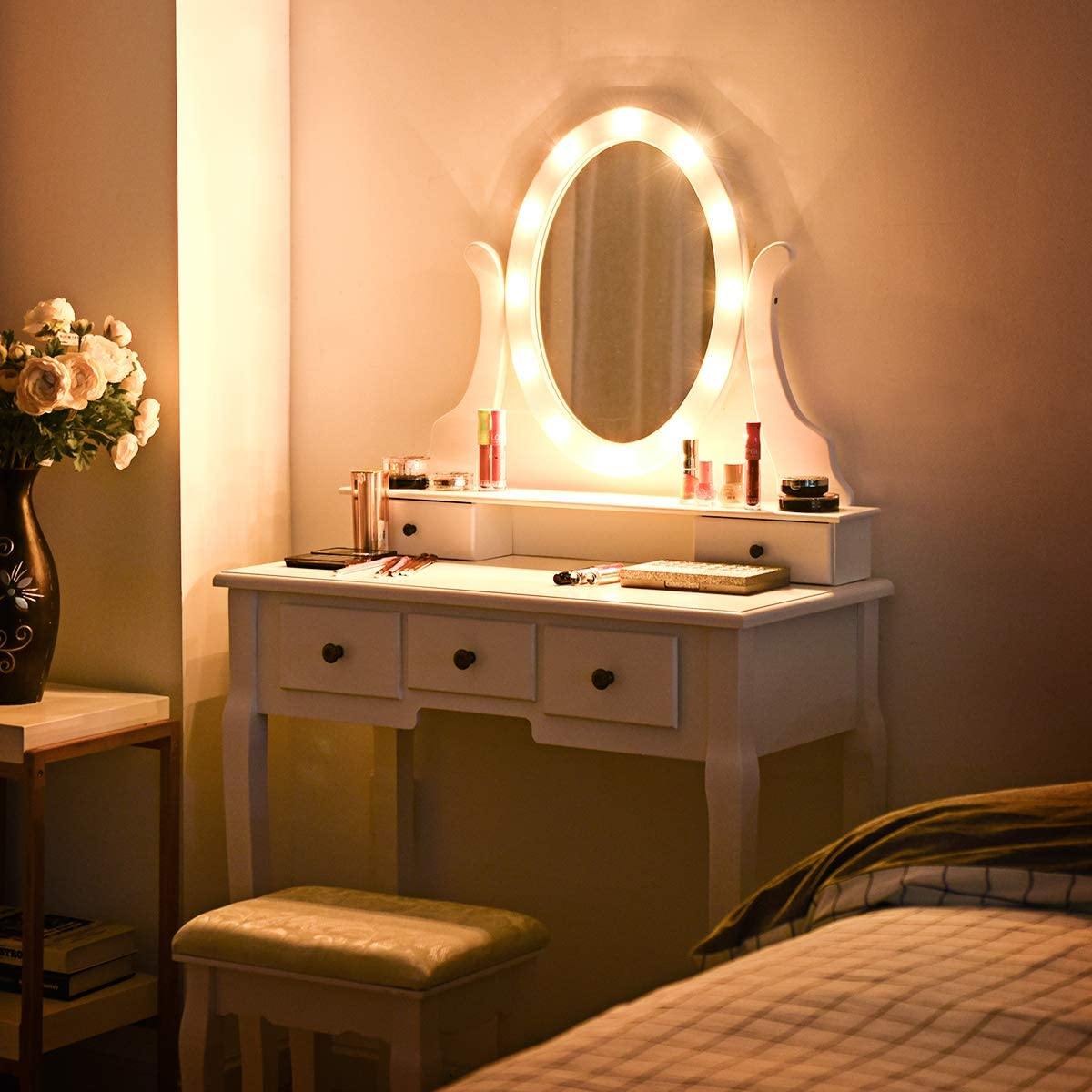LED Vanity Set Dressing Table with Mirror White Makeup Vanities with Padded Stool - Giantexus