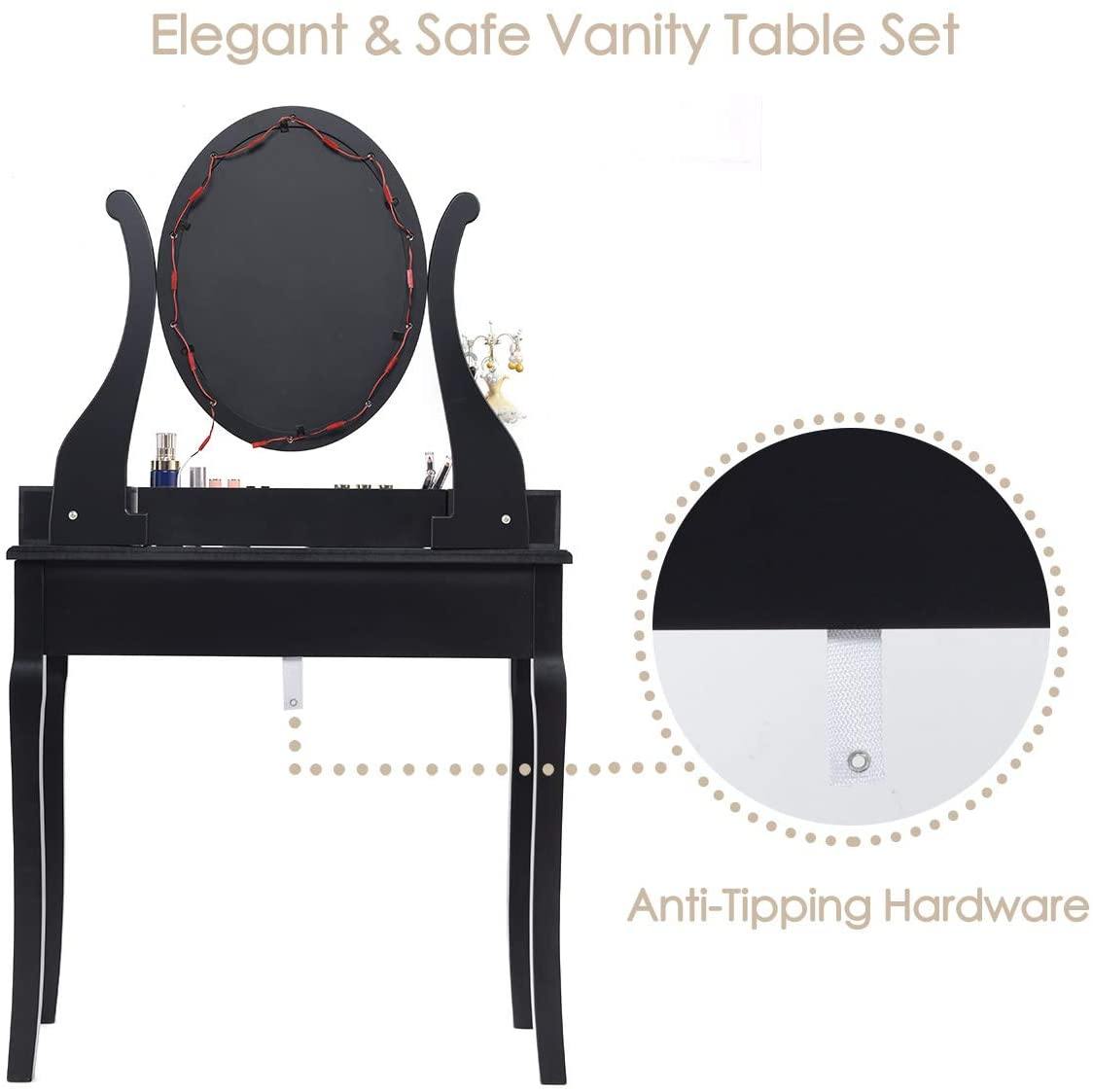 CHARMAID | Vanity Table Set with Lighted Mirror, Makeup Dressing Table with 10 LED Lights, Touch Switch, 5 Drawers - Giantexus