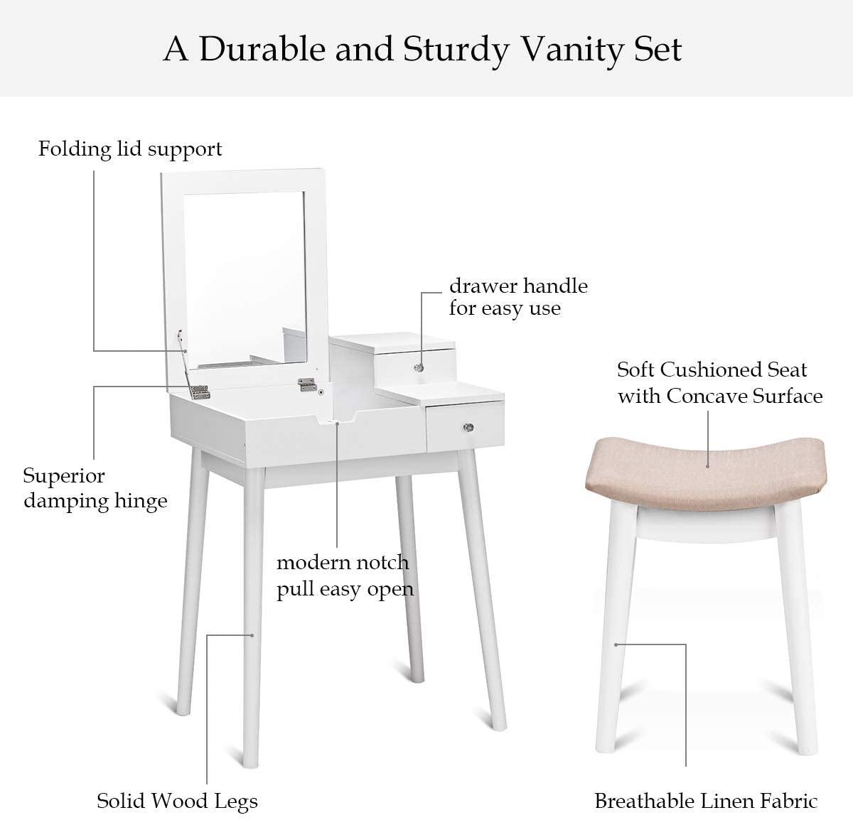 Vanity Table Set with Flip Top Mirror and Cushioned Stool with 2 Drawers, White - Giantexus