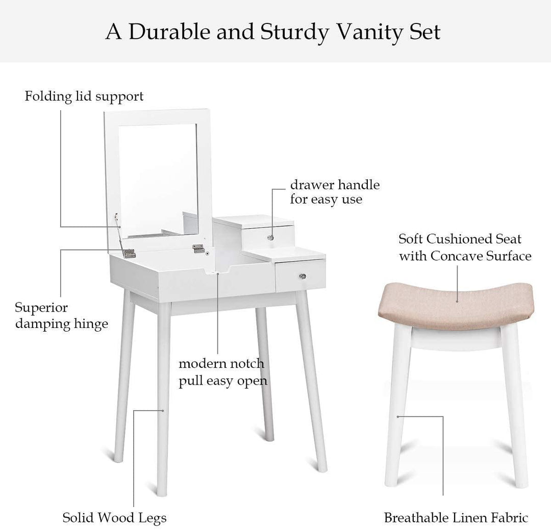 Vanity Table Set with Flip Top Mirror and Cushioned Stool with 2 Drawers, White - Giantexus