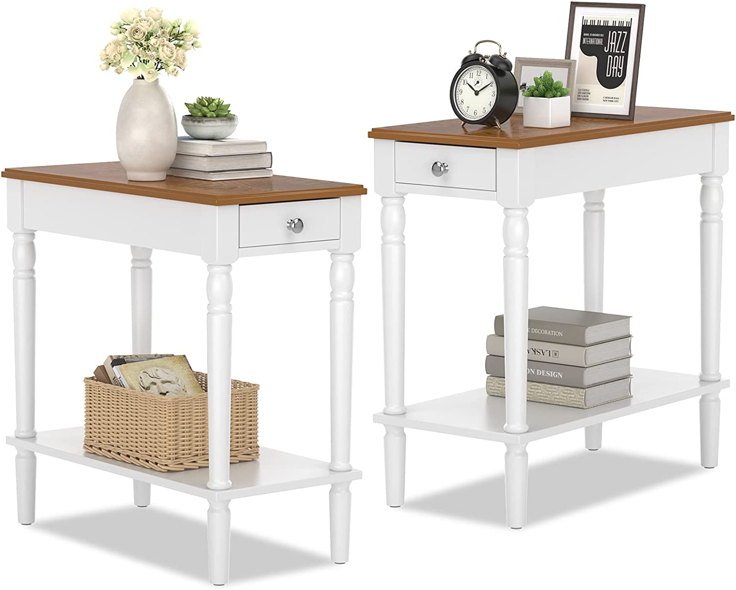 Giantex Farmhouse End Table, Narrow Side Table with Drawer and Storage Shelf
