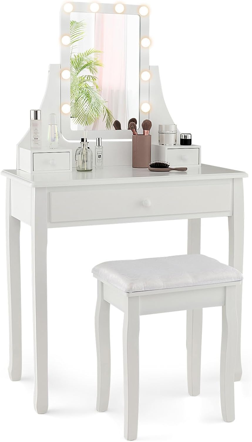 CHARMAID Makeup Vanity Desk with Lighted Mirror, 3 Color Lighting Modes, Adjustable Brightness, 3 Drawers