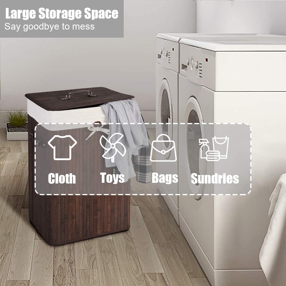 Laundry Hamper Bamboo Laundry Basket, Clothes Hamper with Lid and Removable