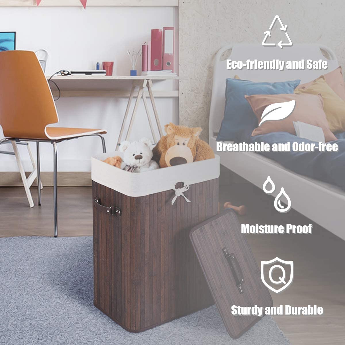 Laundry Hamper Bamboo Laundry Basket, Clothes Hamper with Lid and Removable