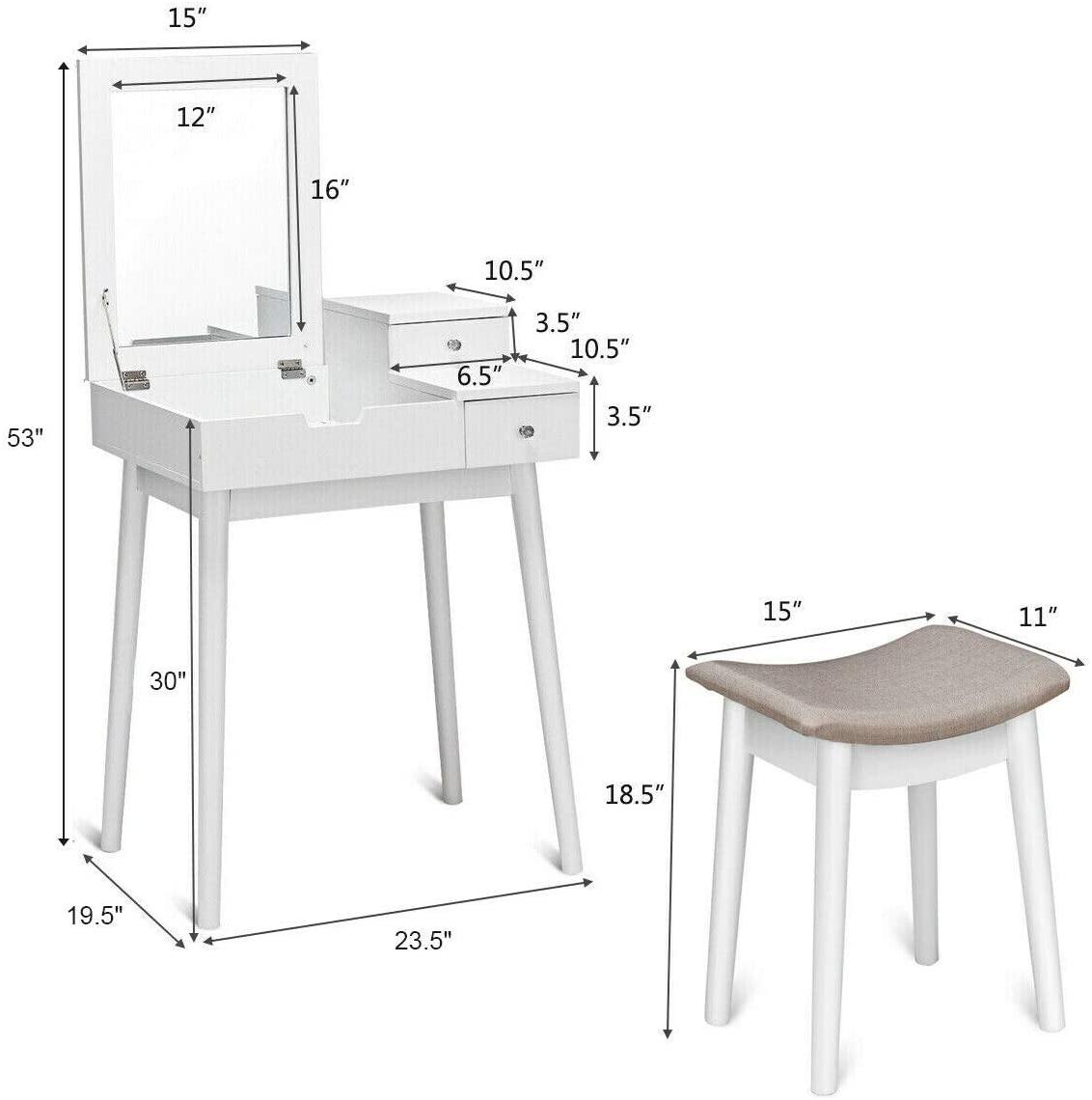 Vanity Table Set with Flip Top Mirror and Cushioned Stool with 2 Drawers, White - Giantexus