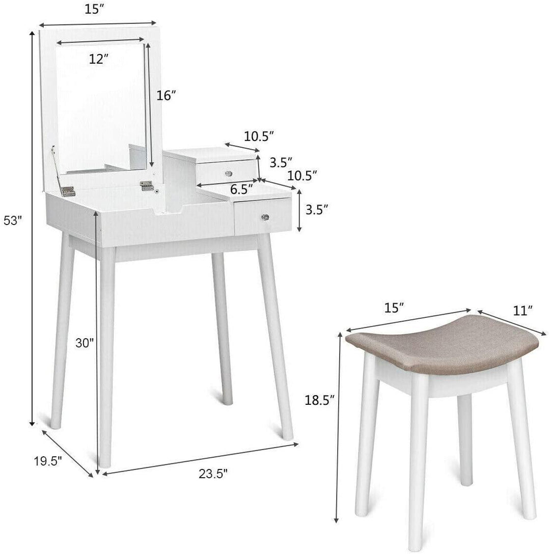 Vanity Table Set with Flip Top Mirror and Cushioned Stool with 2 Drawers, White - Giantexus