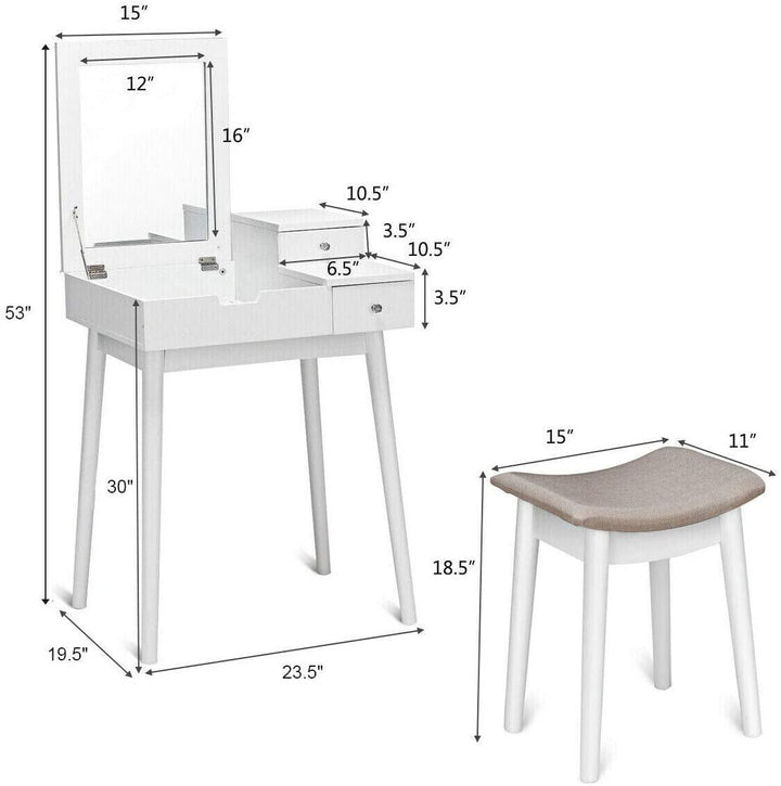 Vanity Table Set with Flip Top Mirror and Cushioned Stool with 2 Drawers, White - Giantexus