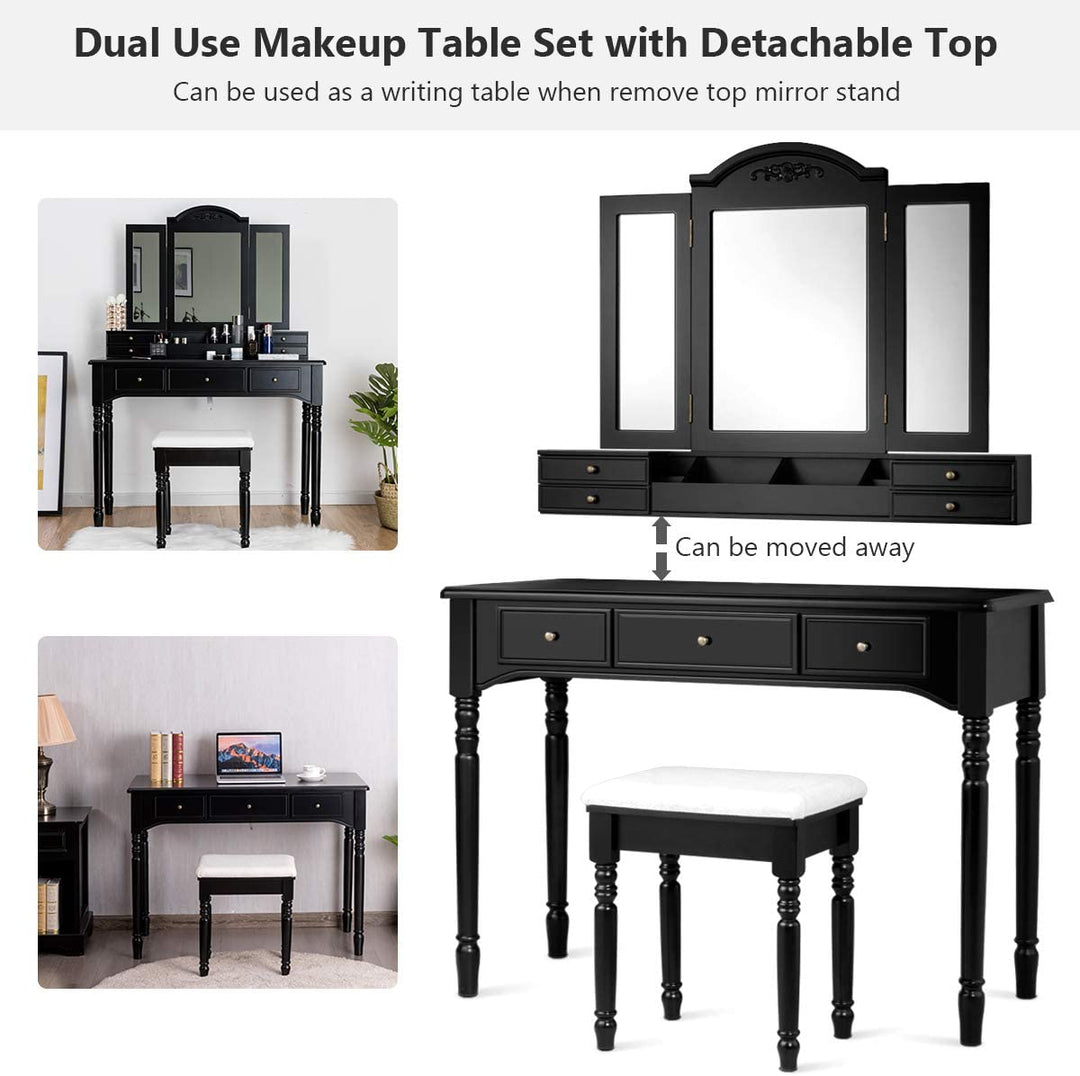 Vanity Set with Tri-Folding Mirror & 8 Necklace Hooks, 7 Drawers, 2 Dividers, 6 Desktop Makeup Organizers - Giantexus