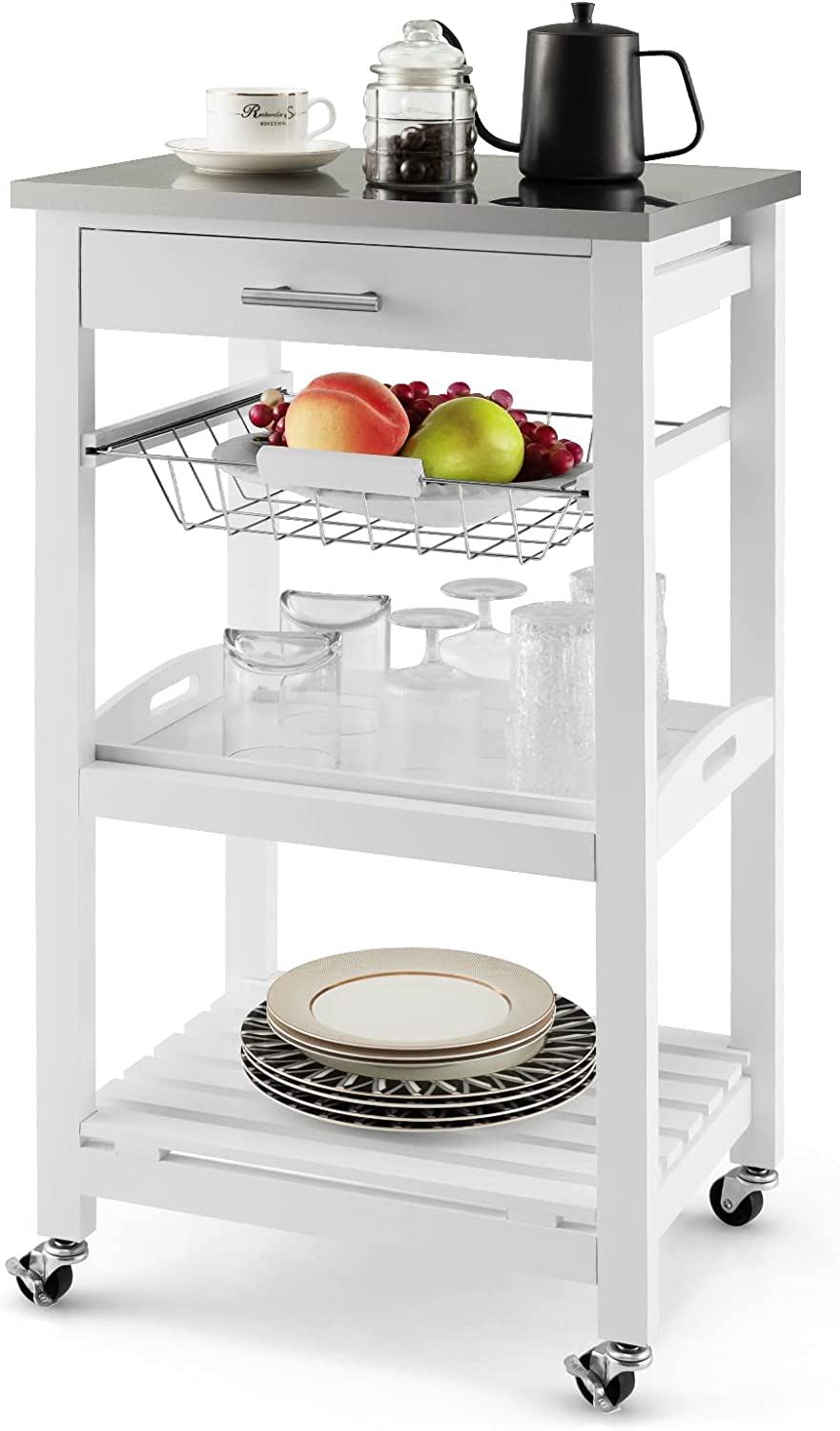 Giantex Kitchen Island Cart Rolling Kitchen Trolley with Stainless Steel Tabletop