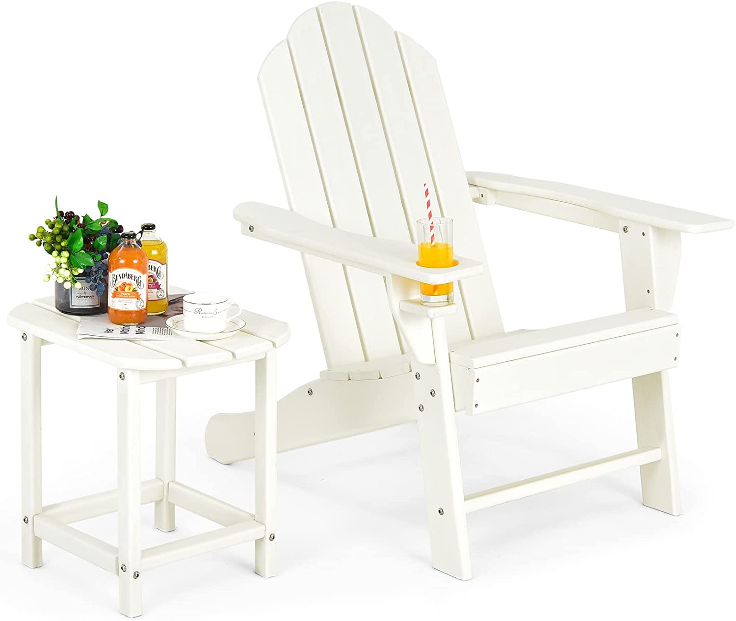 Adirondack Chair with Side Table, Outdoor Fire Pit Chair Set with End Table, White