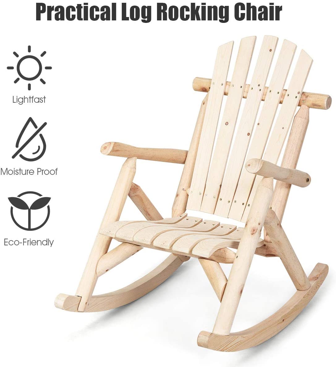 Log Rocking Chair Wood Porch & Patio Rocker for Deck Balcony