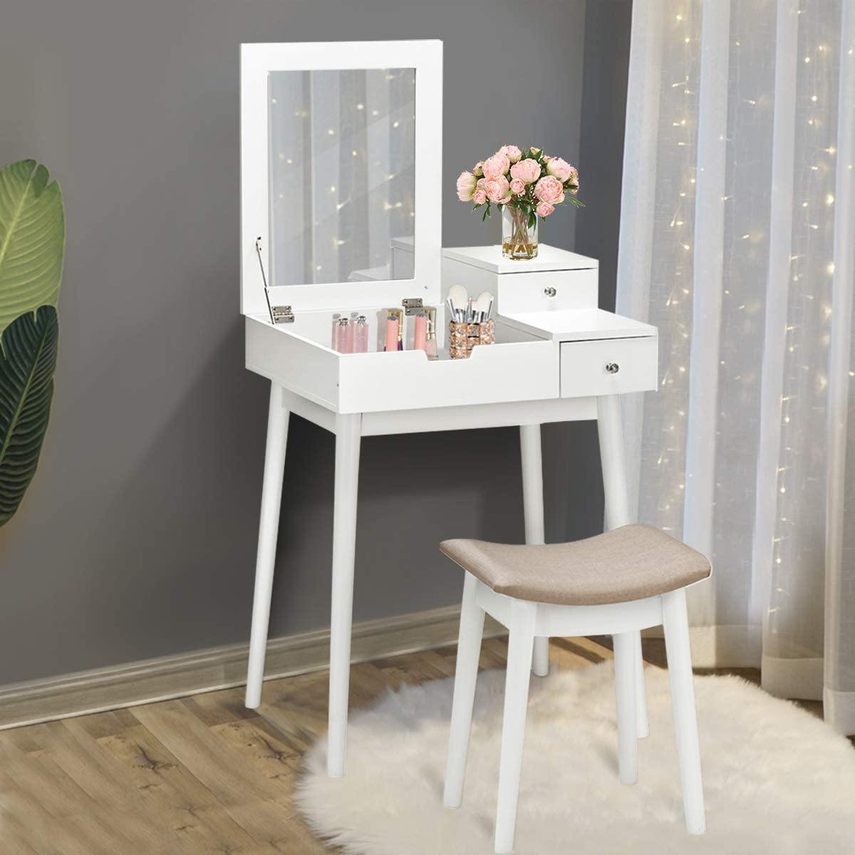 Vanity Table Set with Flip Top Mirror and Cushioned Stool with 2 Drawers, White - Giantexus