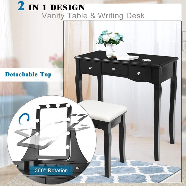 Vanity Set with Lighted Mirror, 10 Dimmable Light Bulbs Vanity Dressing Table, 5 Drawer with 2 Dividers Removable Organizer - Giantexus