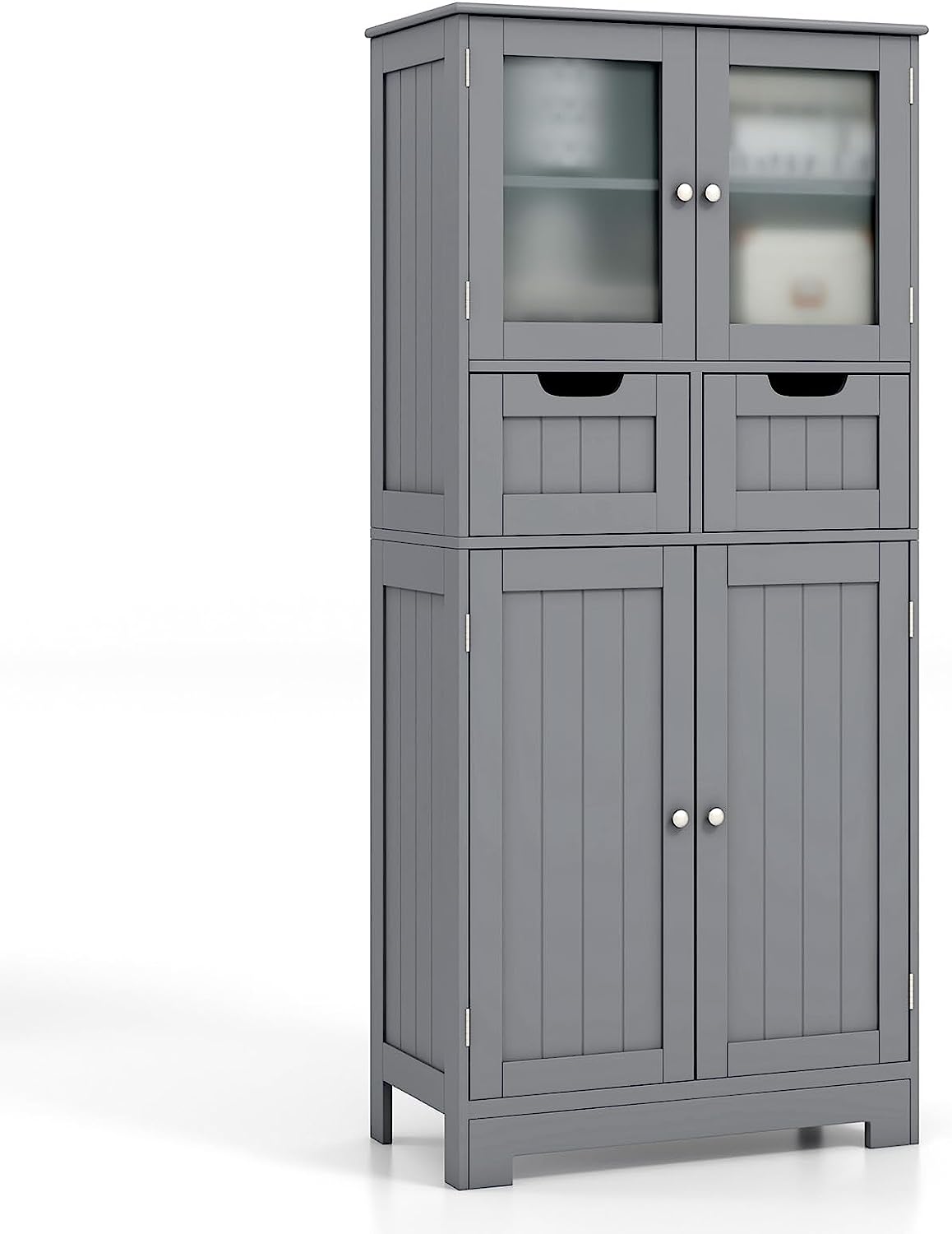 Giantex Floor Storage Cabinet, Freestanding Bathroom Cabinet with 2 Glass Doors, 2 Drawers & Adjustable Shelves, White