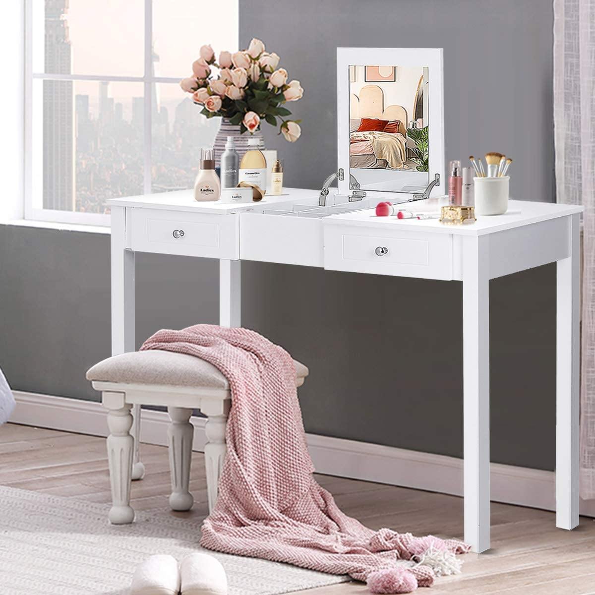 Vanity Table with Flip Top Mirror Easy Assembly, White - Giantexus